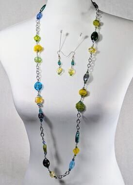 long necklace 40"glass beads + french wire earrings 13/4"long Aqua yellow green